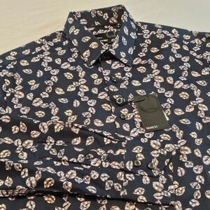 Quieti Stretch Cotton S Small Long Sleeve Navy w/ Leaf Pattern Shirt NWT L975